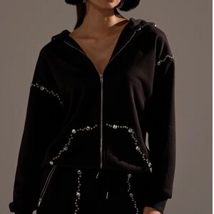 AKIRA COZY HOLIDAY RHINESTONE ZIP UP SWEATSHIRT IN BLACK Size LL